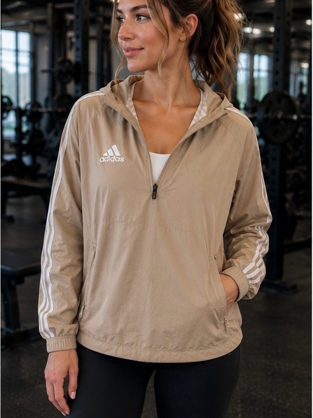 Adidas Tan Hooded Half Zip Windbreaker Jacket Small